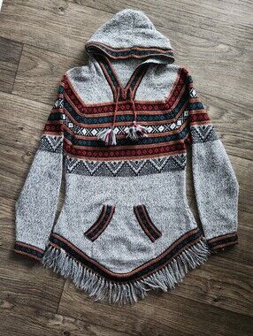 Alpaca Geometric Patterned Fringe Hoodie Boho Tribal Fair Isle Peruvian Size L